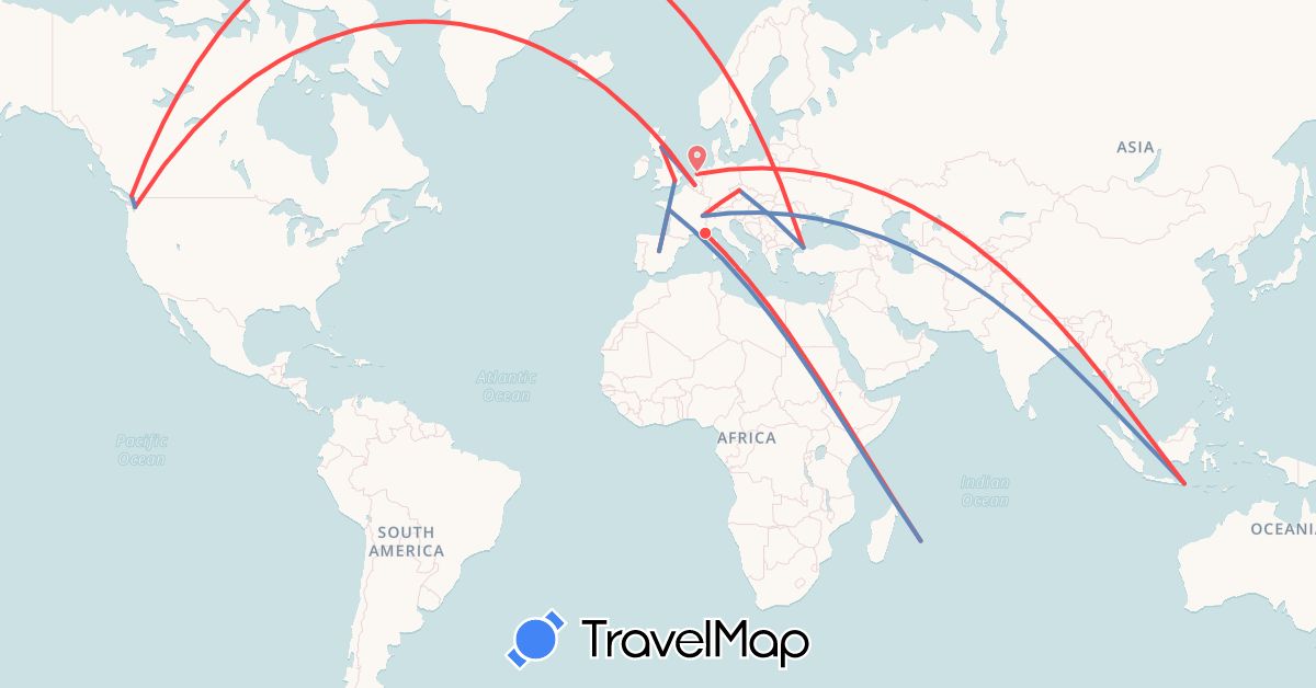 TravelMap itinerary: driving, cycling, hiking in Belgium, Canada, Switzerland, Czech Republic, Spain, France, United Kingdom, Indonesia, Netherlands, Réunion, Turkey, United States (Africa, Asia, Europe, North America)
